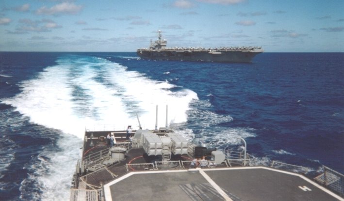 USS Hayler from the top of the helo hanger and the USS Theodore Roosevelt astern